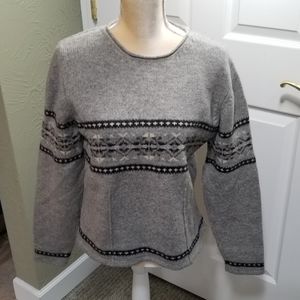 Eddie Bauer fitted lambswool sweater Lg gray black cream crew neck